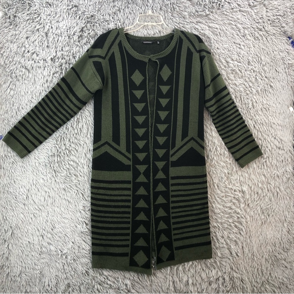 Hannah Sweater Womens Small Green Duster Diamond Striped Geometric Green Black